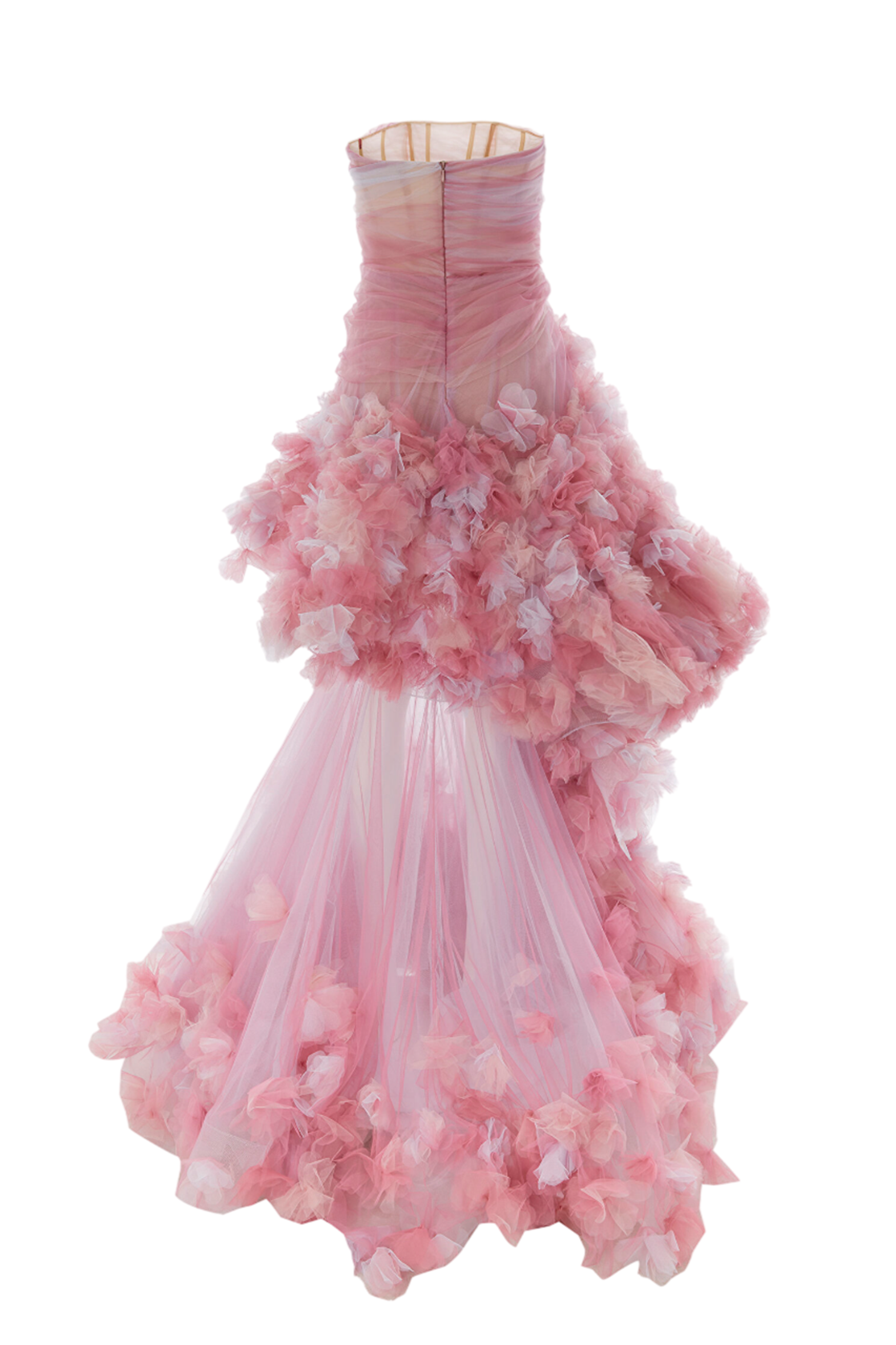 Belle Çiçekli Volanlı Straplez Pembe Uzun Elbise