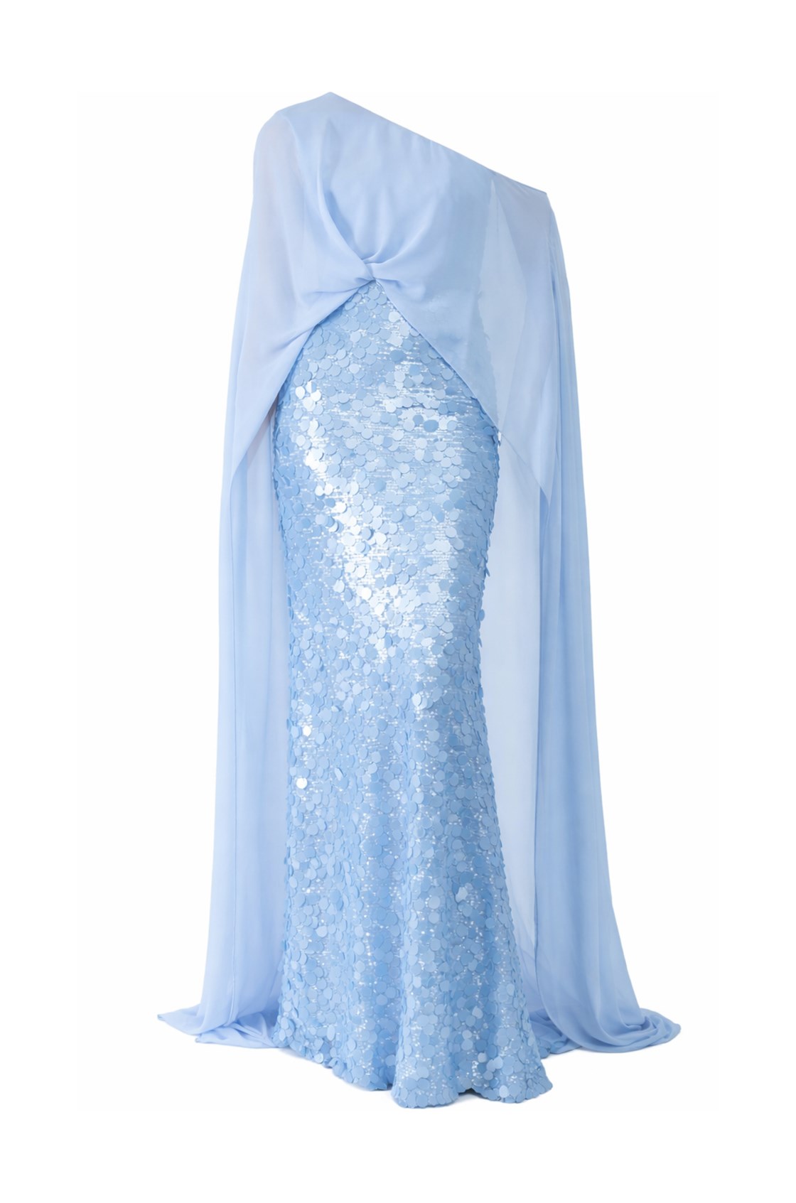 Nicole Payetli Pelerinli Şifon Mavi Uzun Elbise