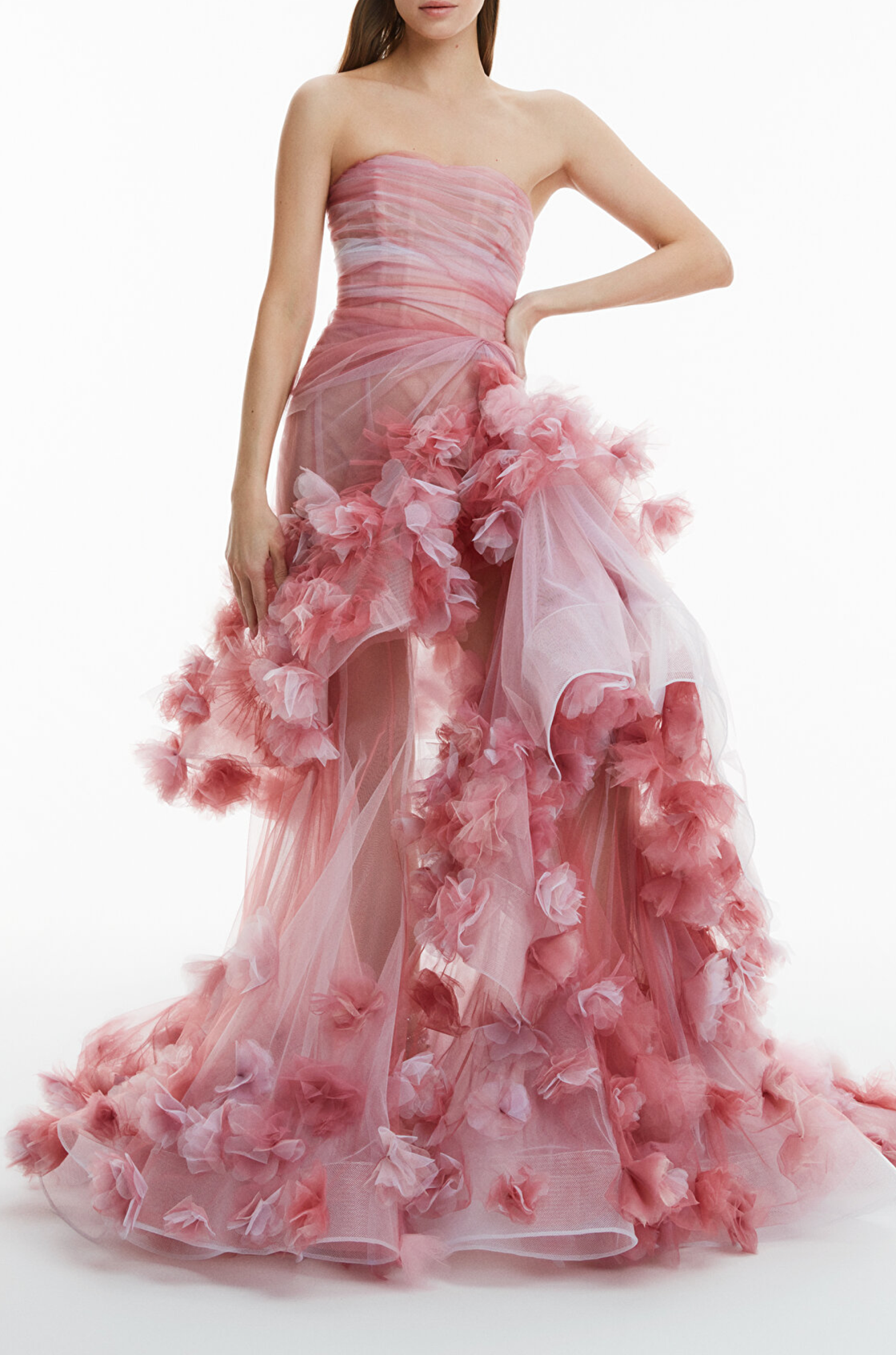 Belle Çiçekli Volanlı Straplez Pembe Uzun Elbise