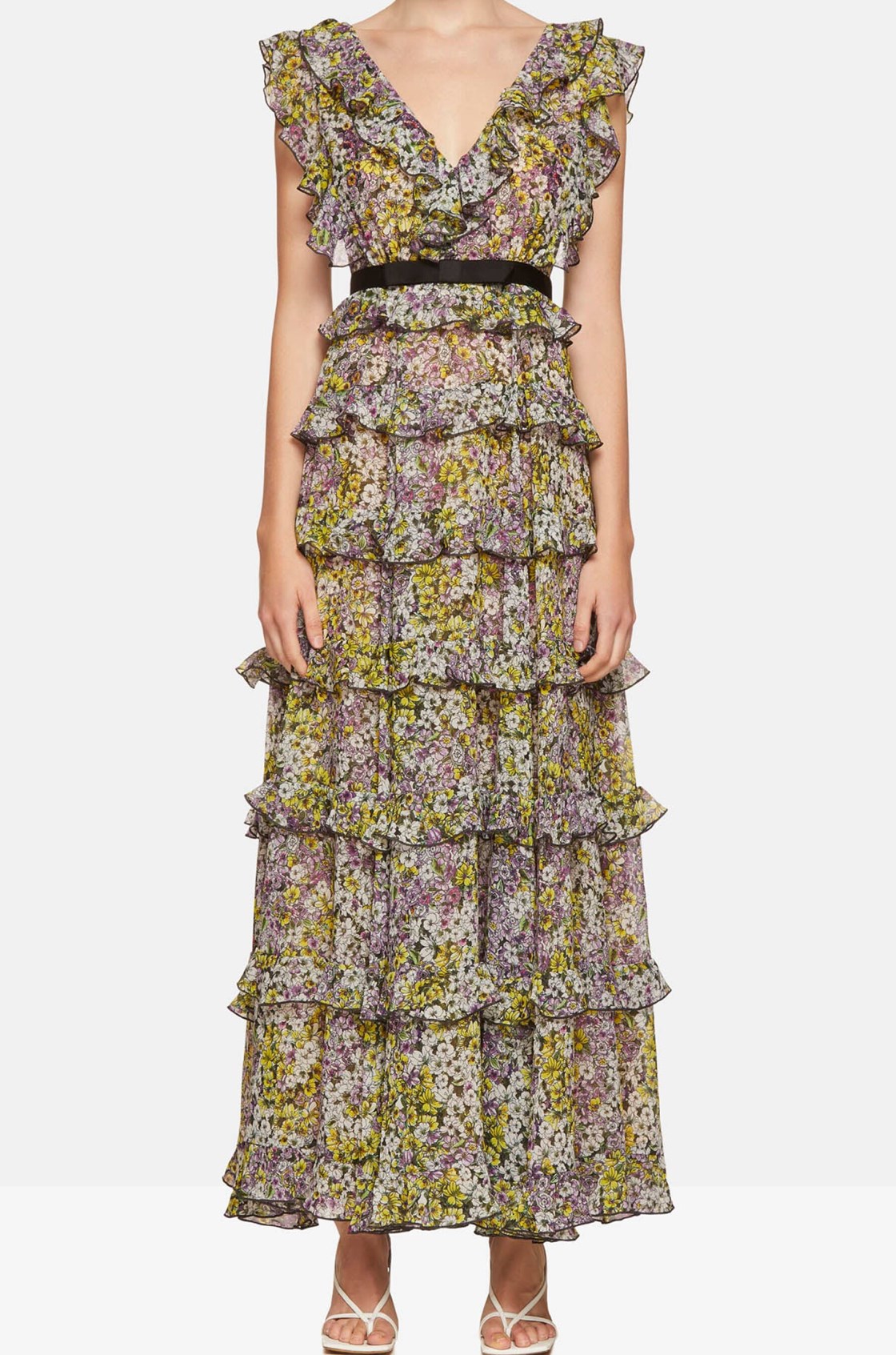 Liliana Çiçek Desenli Volanlı Çok Renkli Uzun Elbise