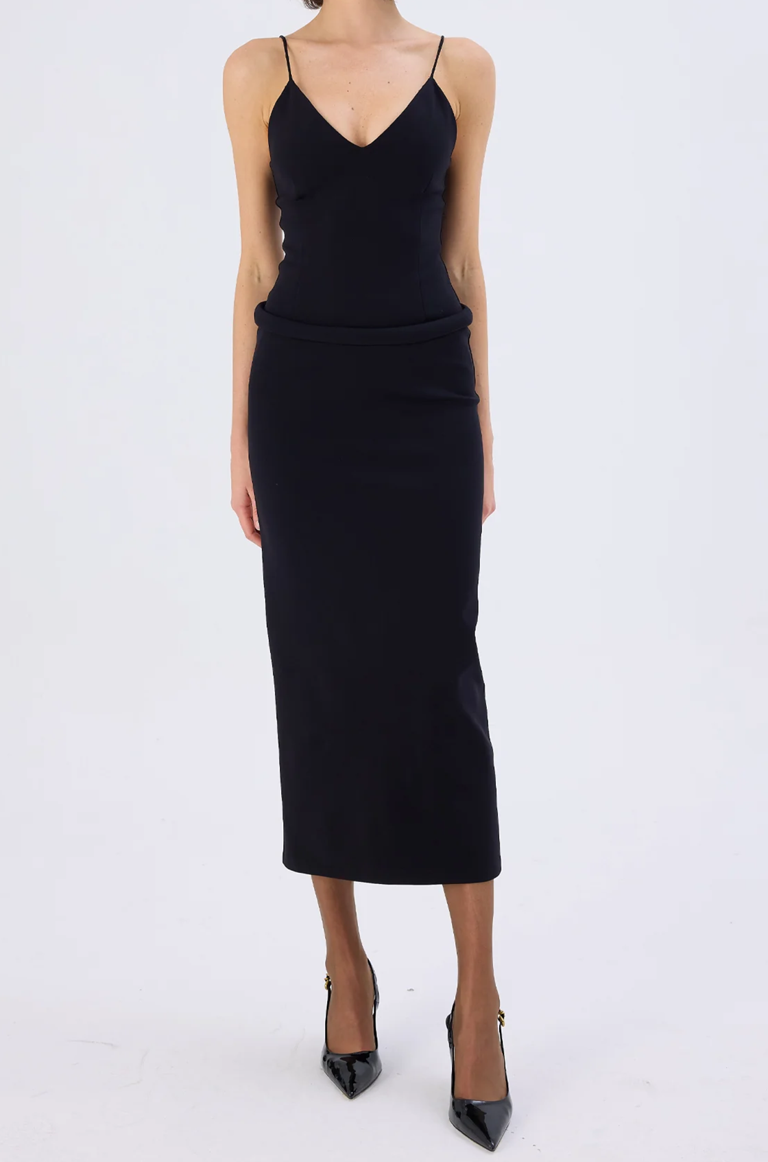 Bailey İnce Askılı Siyah Midi Elbise