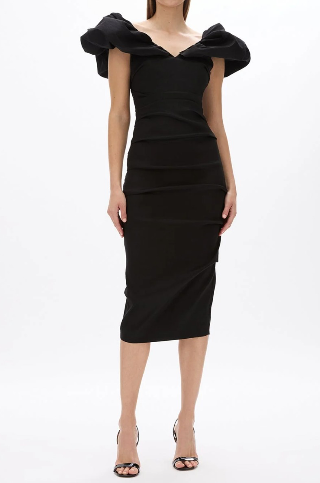 Freys Volanlı Drapeli Siyah Midi Elbise