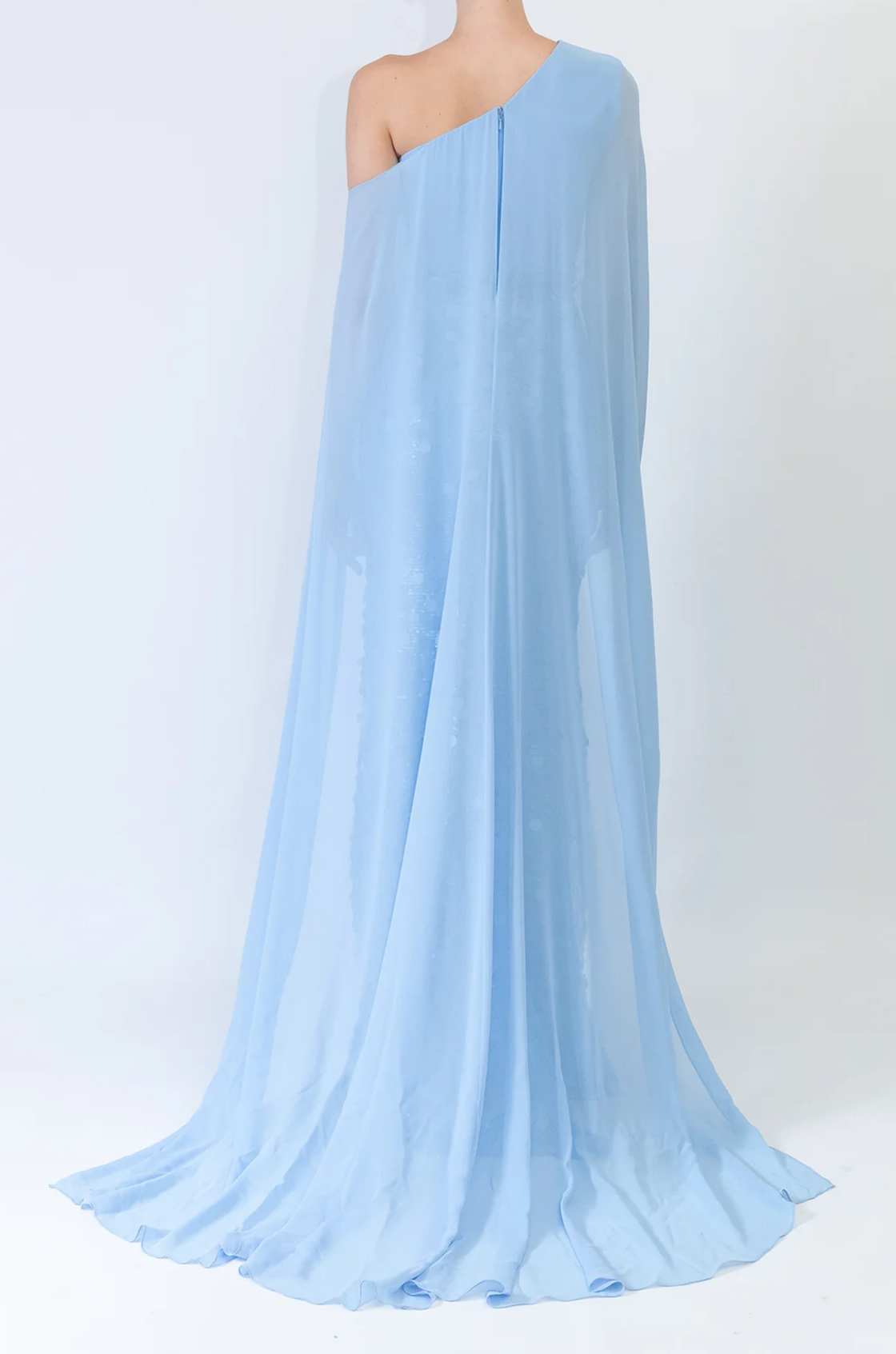 Nicole Payetli Pelerinli Şifon Mavi Uzun Elbise