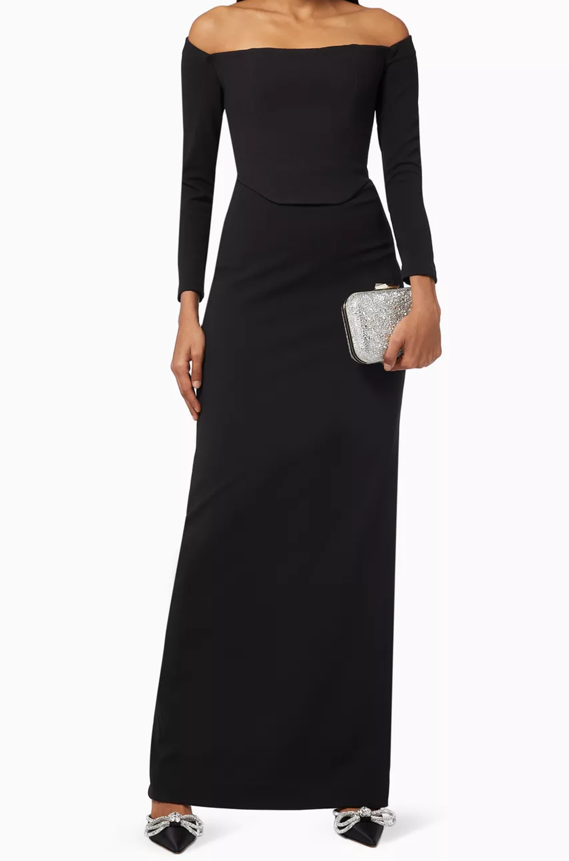 Kae Düşük Omuzlu Siyah Uzun Elbise