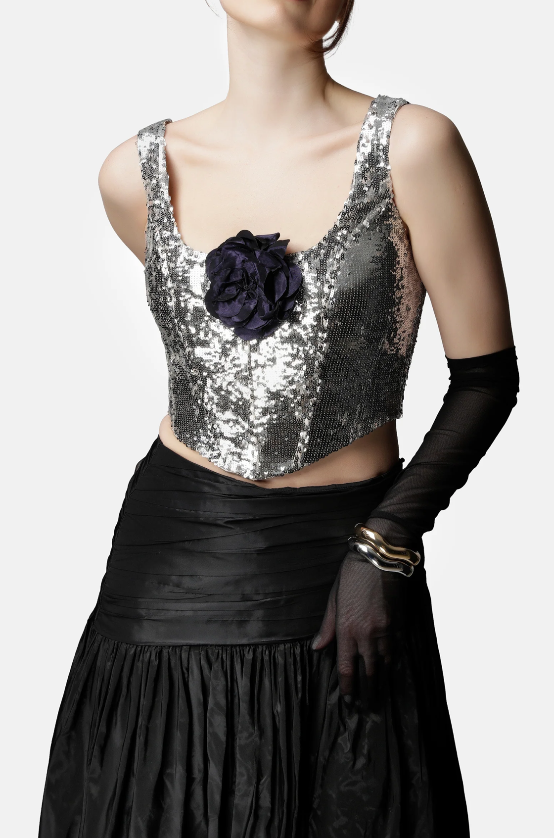 Sophia Payetli Çiçek Detaylı Gümüş Korse