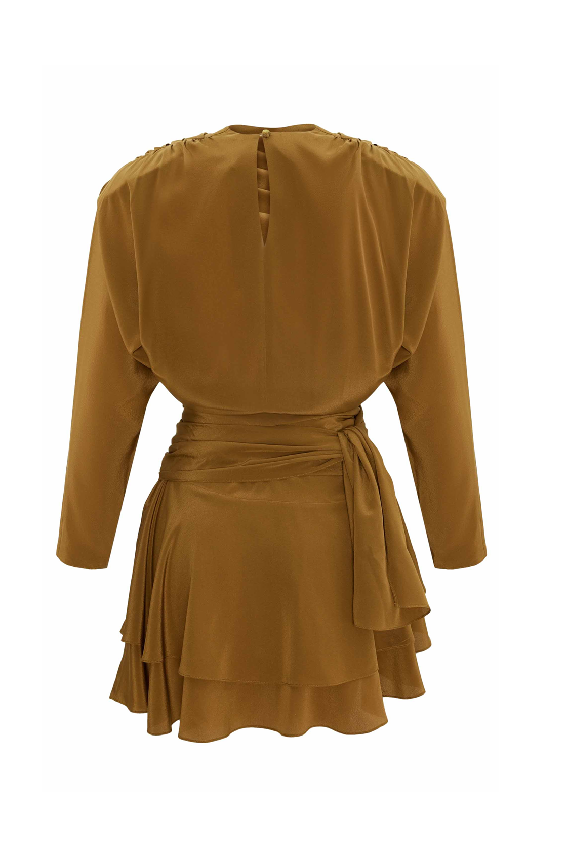 Janis Vatkalı Uzun Kollu Asimetrik Kuşaklı Kahverengi Mini Elbise