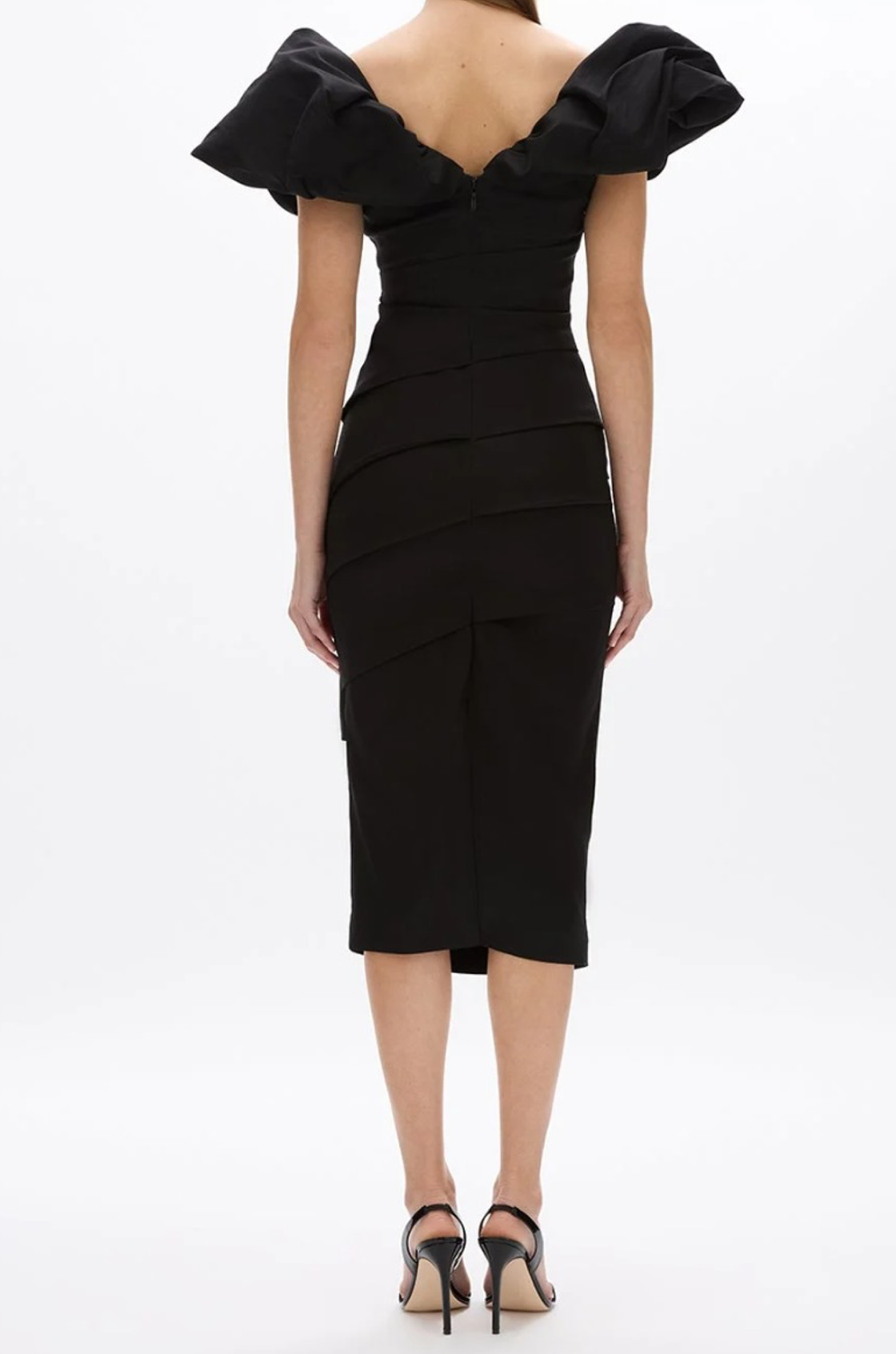 Freys Volanlı Drapeli Siyah Midi Elbise