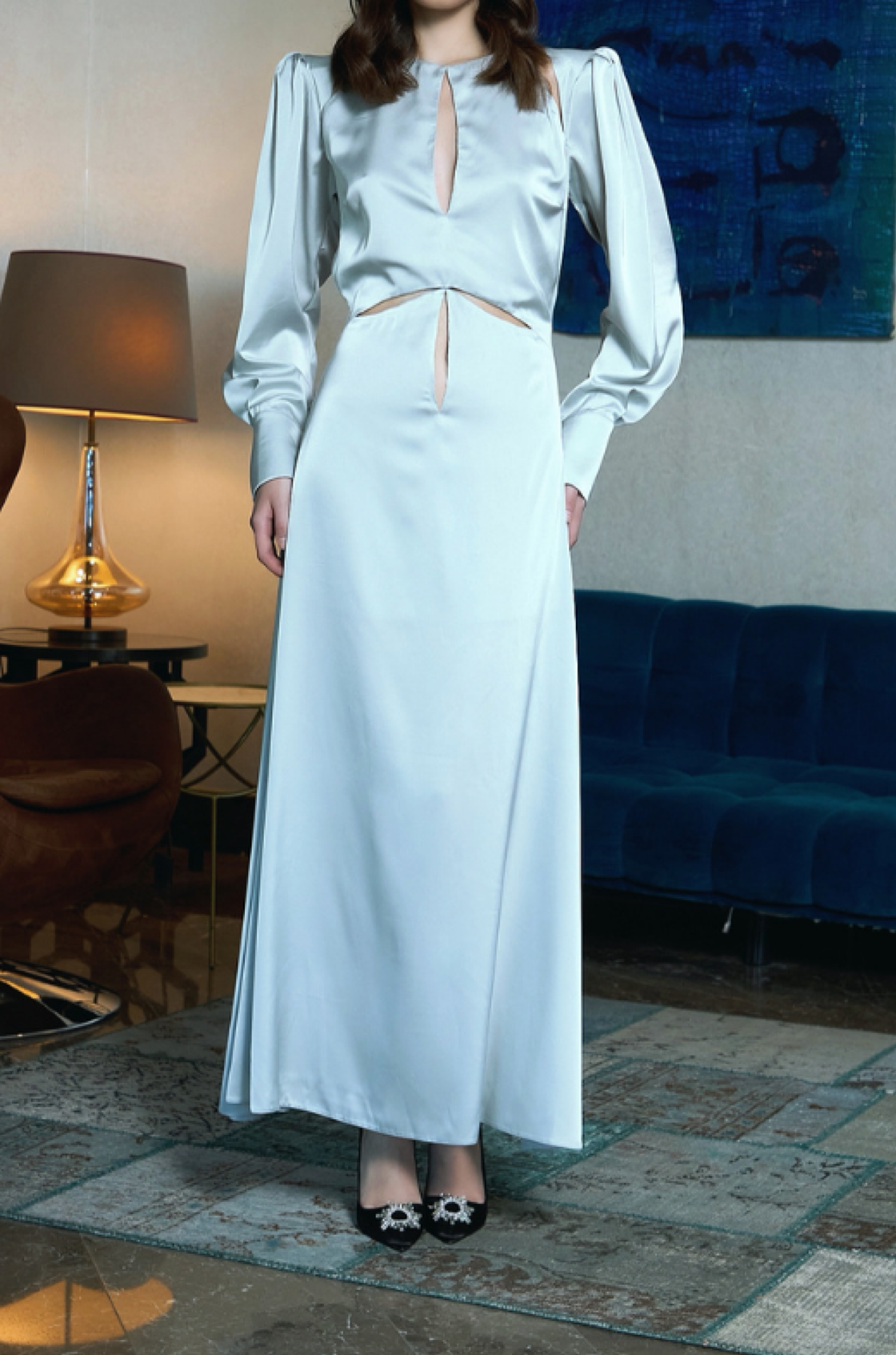 Elise Cut-Out Detaylı Sırtı Açık Saten Su Yeşili Maxi Elbise