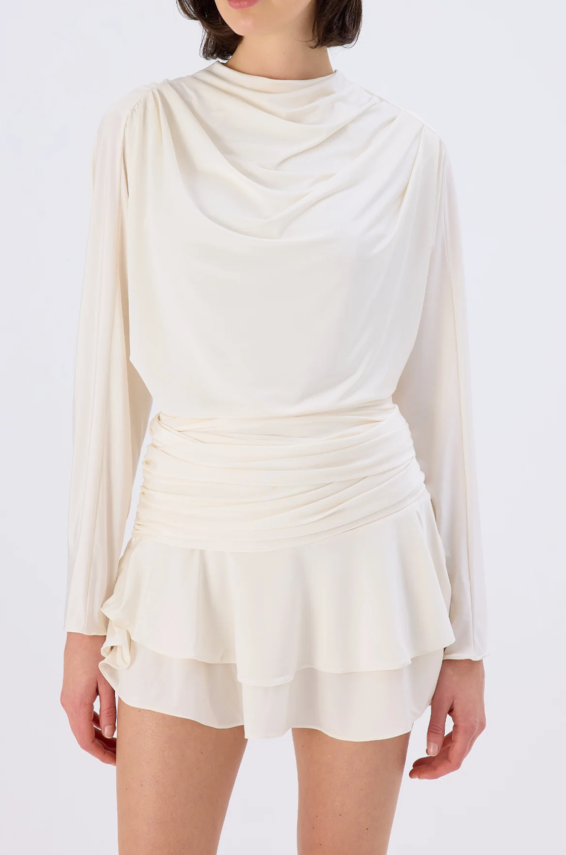 Janis Vatkalı Uzun Kollu Asimetrik Kuşaklı Ekru Mini Elbise