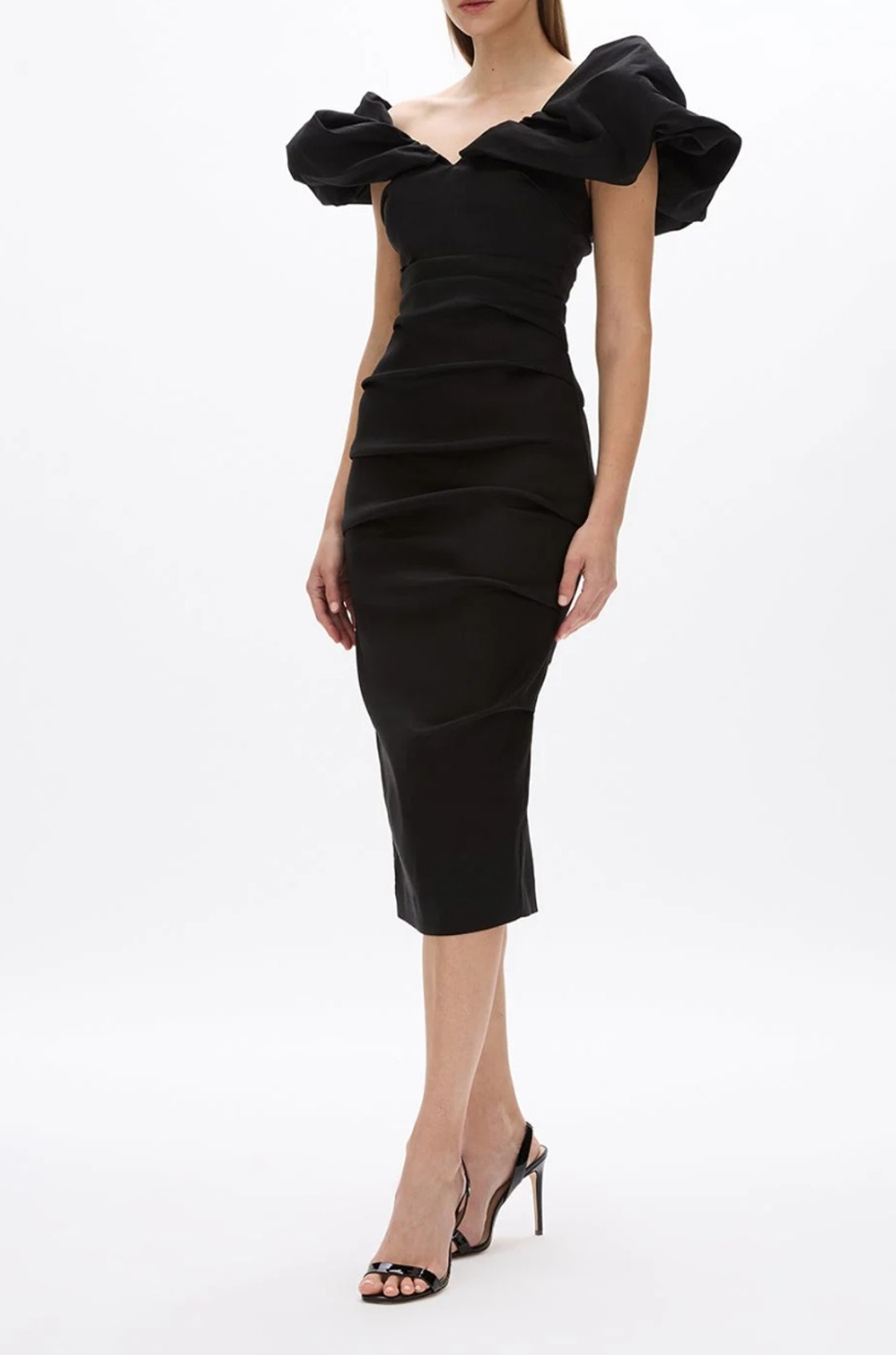 Freys Volanlı Drapeli Siyah Midi Elbise