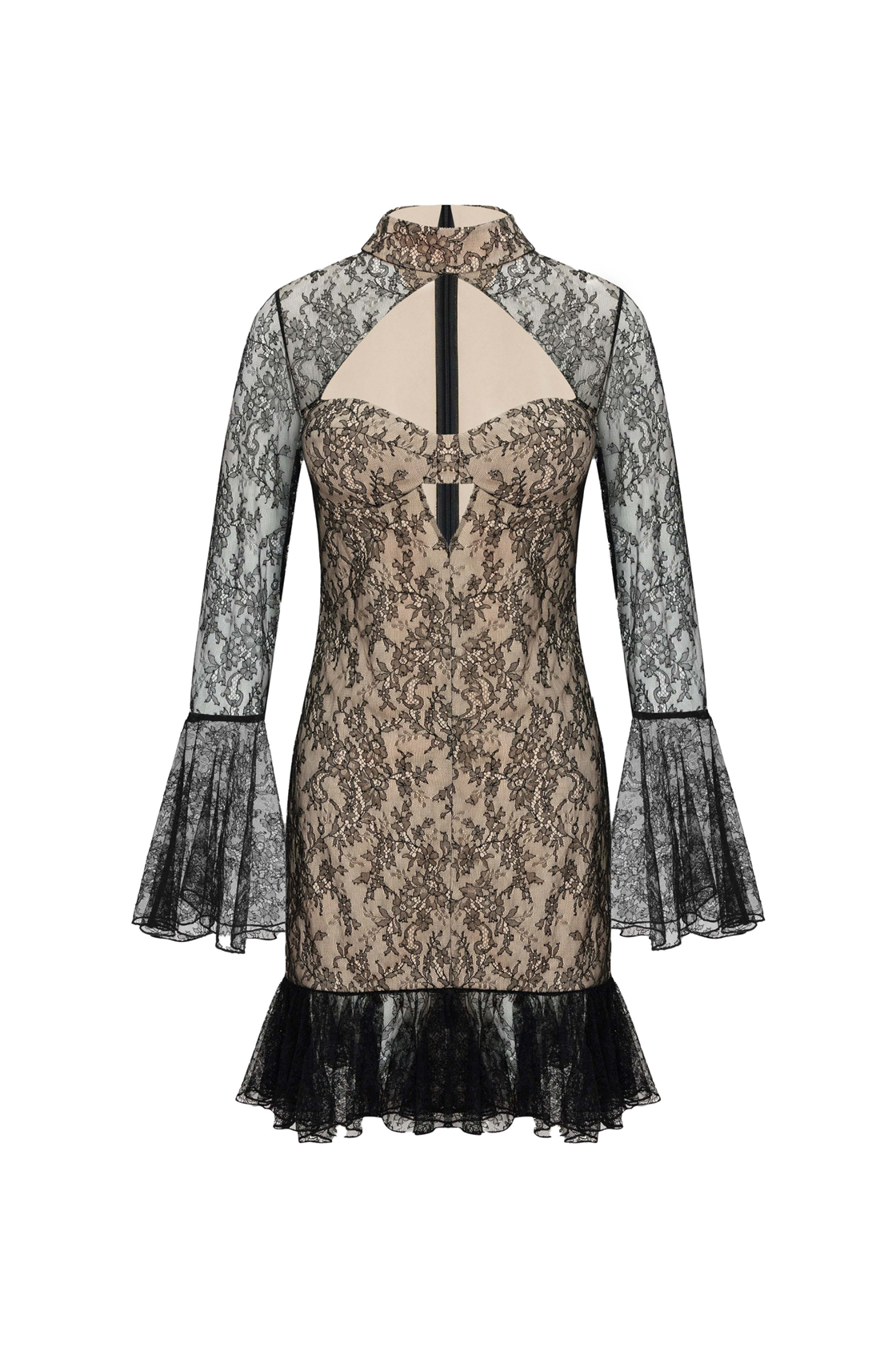 Celine Uzun Kollu Dantelli Mini Elbise