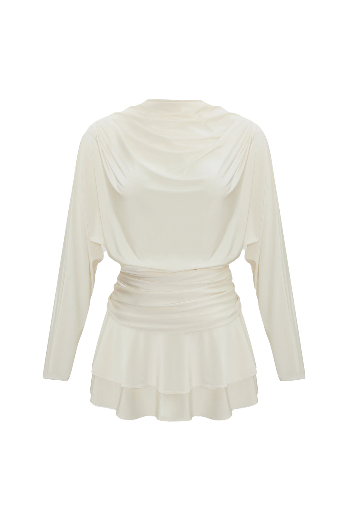 Janis Vatkalı Uzun Kollu Asimetrik Kuşaklı Ekru Mini Elbise