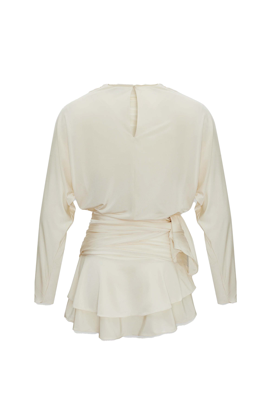 Janis Vatkalı Uzun Kollu Asimetrik Kuşaklı Ekru Mini Elbise