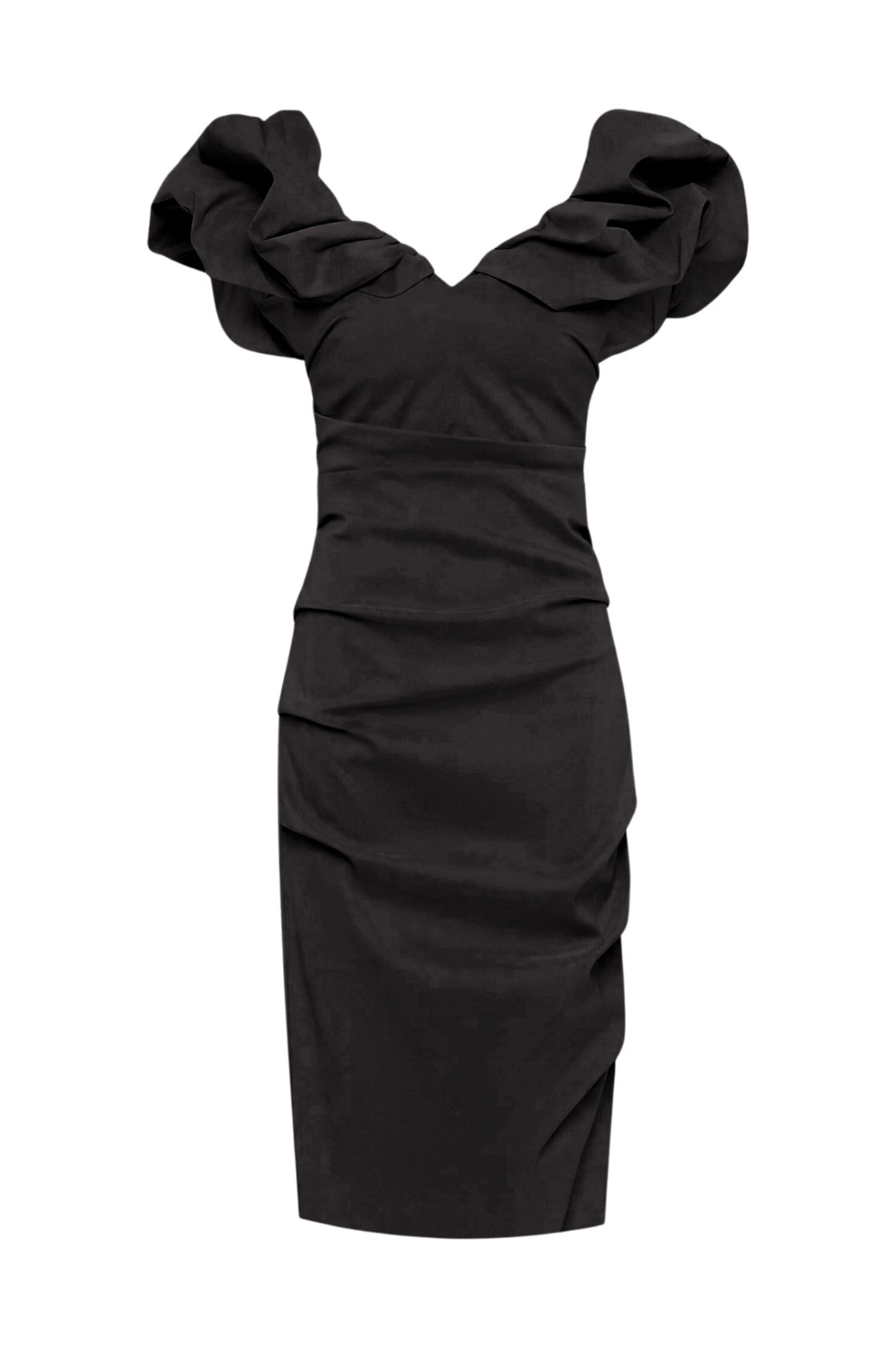 Freys Volanlı Drapeli Siyah Midi Elbise