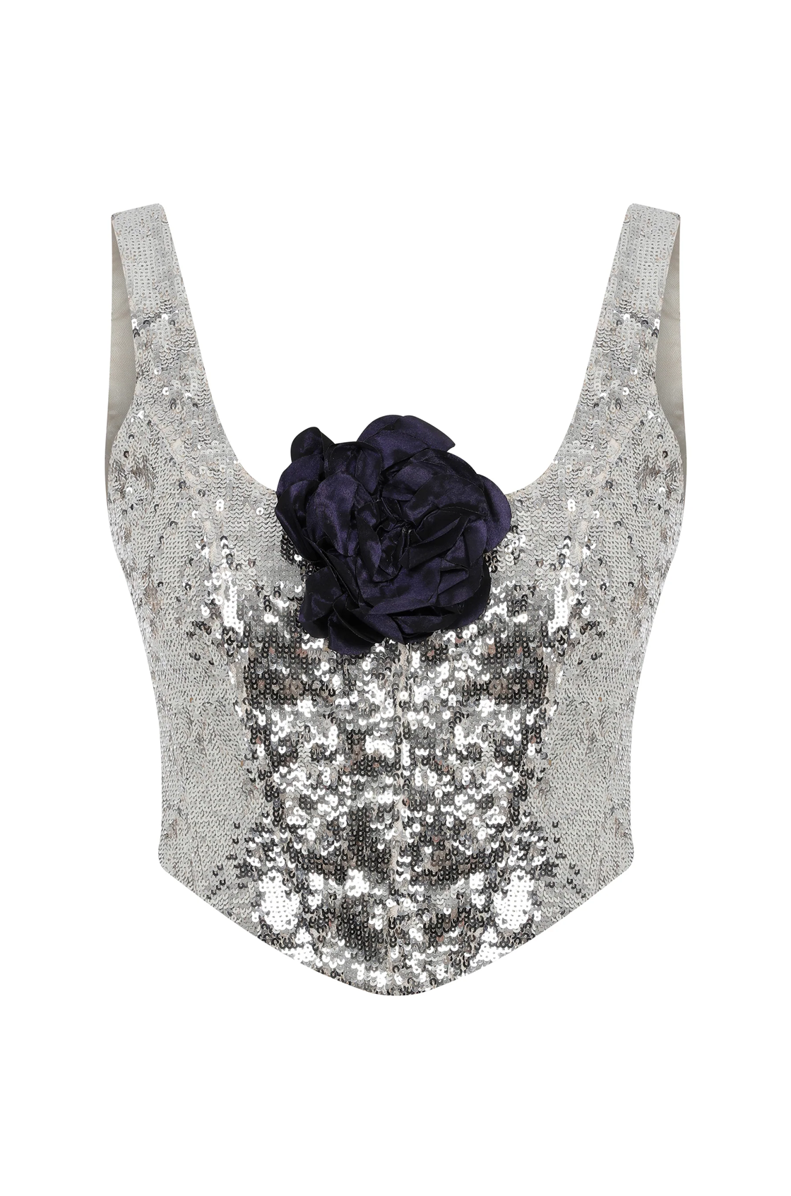 Sophia Payetli Çiçek Detaylı Gümüş Korse