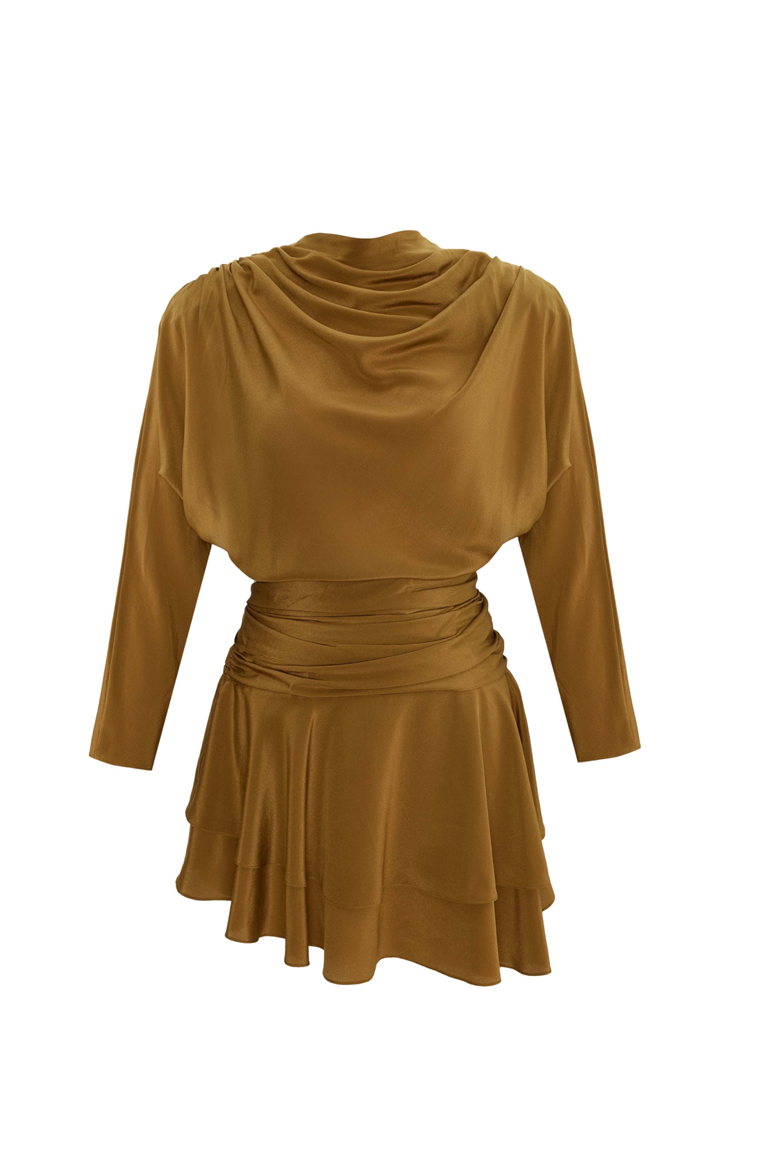 Janis Vatkalı Uzun Kollu Asimetrik Kuşaklı Kahverengi Mini Elbise