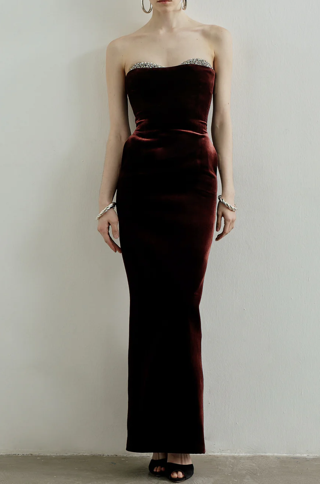 Noelie Taş İşlemeli Kadife Bordo Maxi Elbise