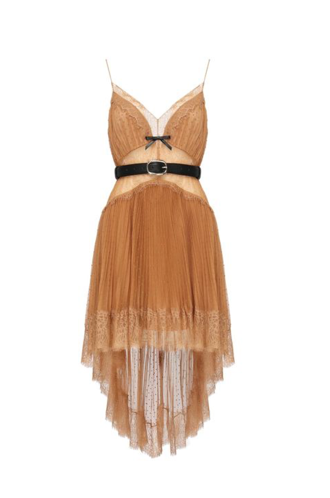 Mesh Dantel Detaylı Kemerli Önü Kısa Arkası Uzun Bej Elbise