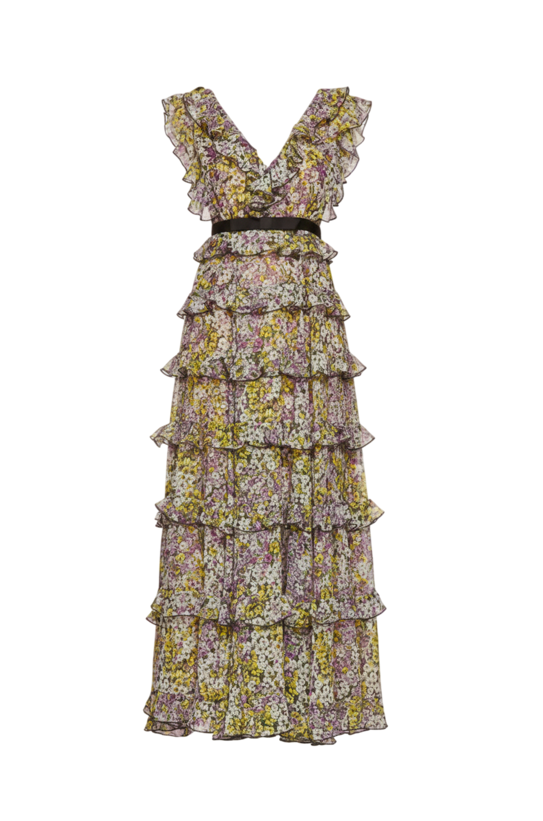 Liliana Çiçek Desenli Volanlı Çok Renkli Uzun Elbise