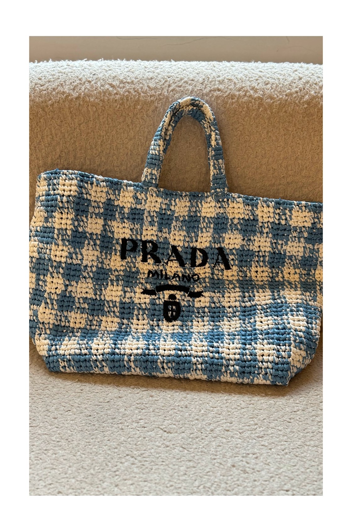 Prada Örme Mavi / Beyaz Logo Çanta