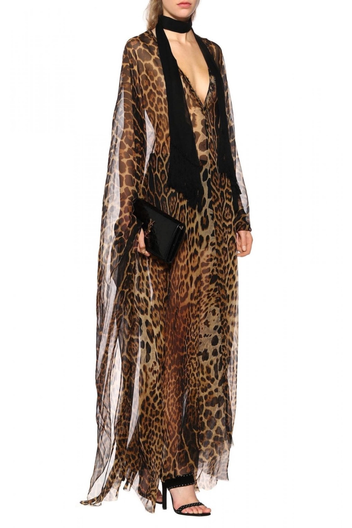 Savannah Transparan Leopar Desenli İpek Kahverengi Maxi Kaftan Elbise
