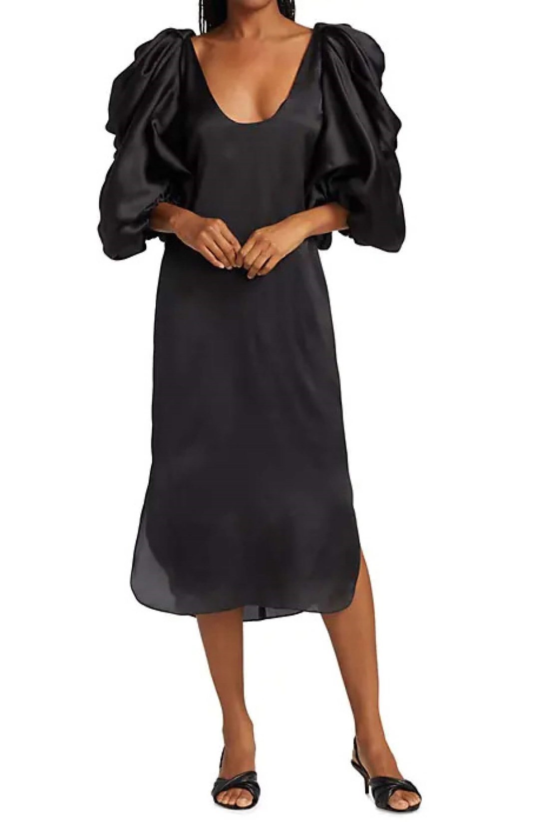 Khaite Silva Sırtı Açık Balon Kol İpek Siyah Midi Elbise