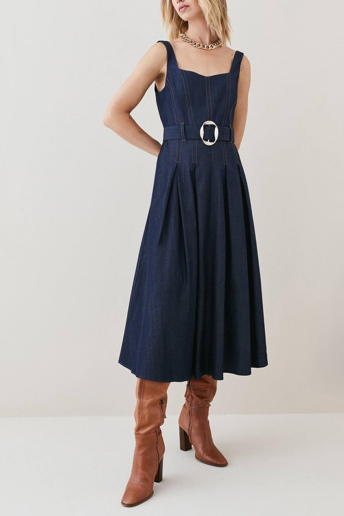 Tailored Kalp Yaka Lacivert Denim Midi Elbise